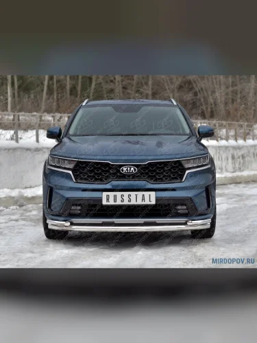 Защита переднего бампера d63 секции-d42 уголки SLITKOFF (нержавейка полированная) KIA Sorento  MQ4 (2020-2022)