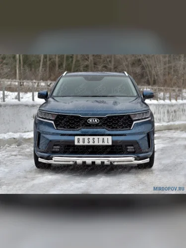 Защита переднего бампера d63 мм секции-d63 мм уголки+клыки SLITKOFF (нержавейка полированная) KIA Sorento  MQ4 (2020-2022)