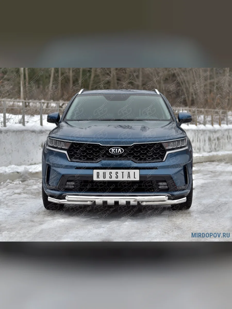 Защита переднего бампера d63 мм секции-d63 мм уголки+клыки SLITKOFF  KIA Sorento (2020-2022) MQ4 (нержавейка полированная)  в Самаре Самарской области