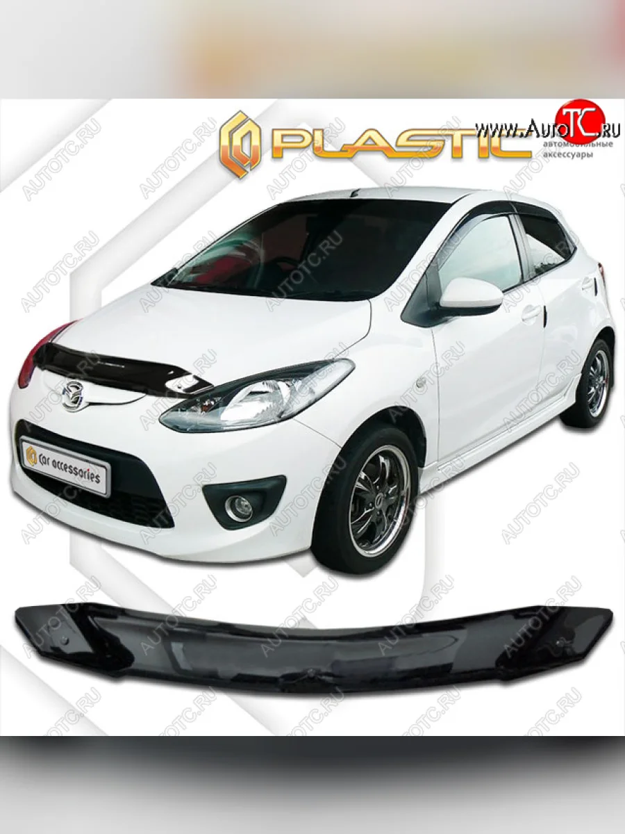 Дефлектор капота CA-Plastic Mazda 2 2 DE хэтчбэк 5 дв. дорестайлинг (2007-2010) (Classic черный, с надписью)  в Перми Пермском крае