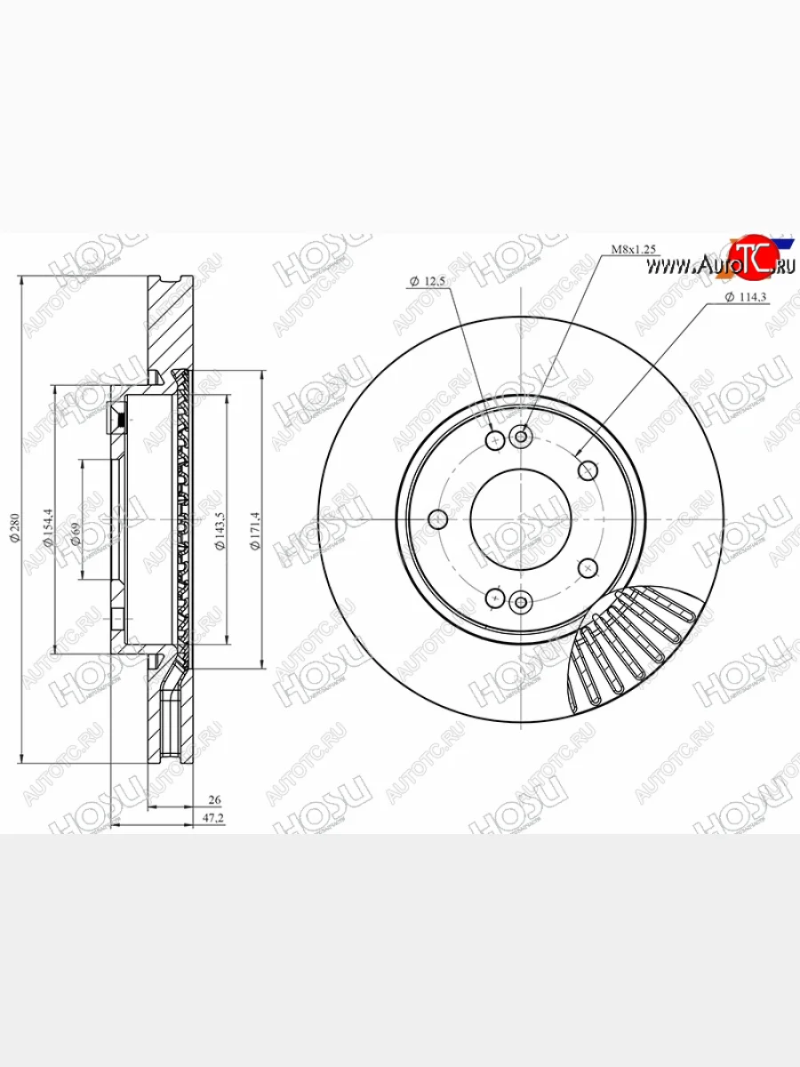 Передний тормозной диск(Ø280) HOSU KIA Cerato 1 LD седан рестайлинг (2005-2008)  в Керчи Республика Крым