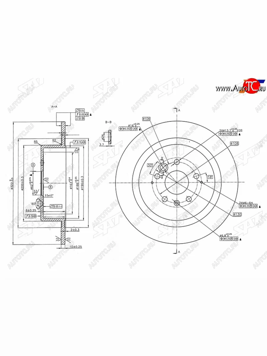 Задний тормозной диск(Ø322-0.5)SAT Chery Tiggo 5 (T21) рестайлинг (2017-2020)  с доставкой в г. Керчь