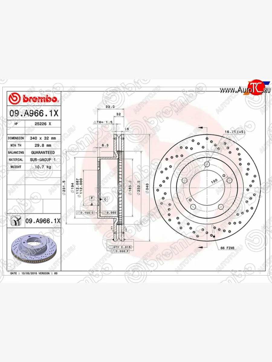 Тормозной передний диск (Ø340) BREMBO  Lexus LX570 J200 1-ый рестайлинг (2012-2015)  в Перми Пермском крае