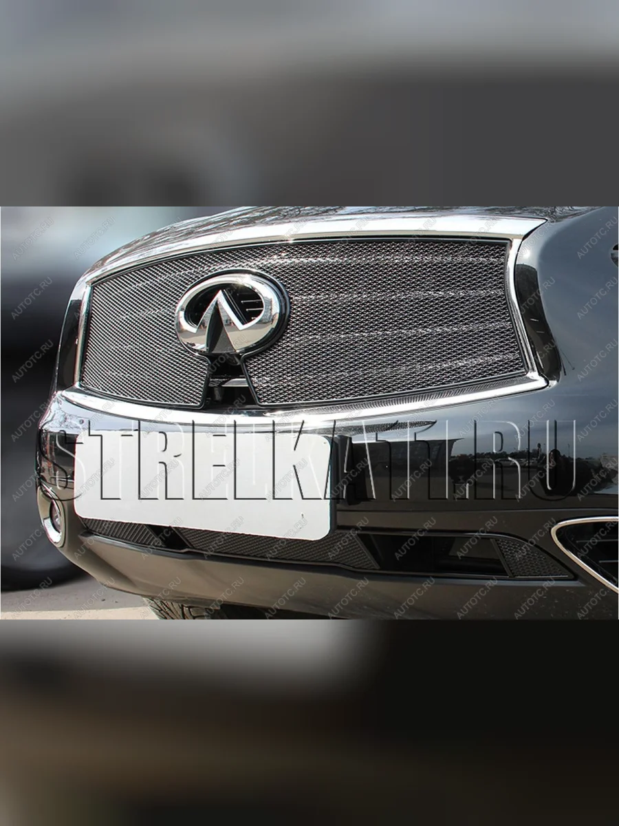 Защита радиатора (верх с вырезом под камеру) Стрелка11 Премиум INFINITI FX37 S51 рестайлинг (2011-2013) (черная)  в Керчи Республика Крым