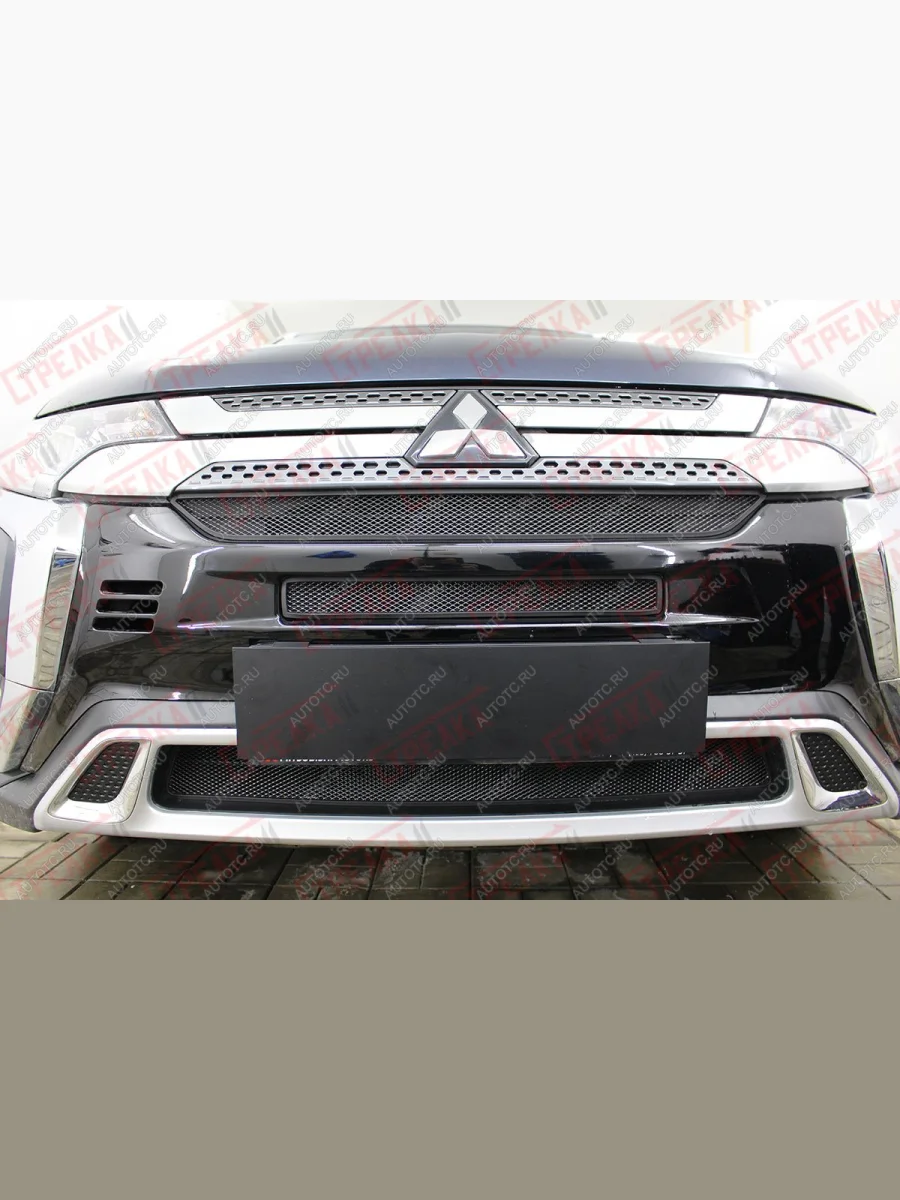Защита радиатора (3 части с парктроником) Стрелка11 Стандарт Mitsubishi Outlander GF 3-ий рестайлинг (2018-2022) (черная)  в Самаре Самарской области