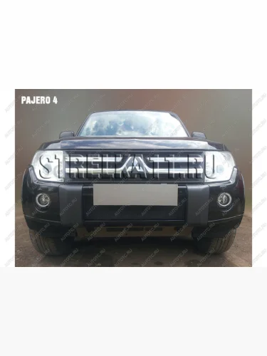 Зимняя заглушка решетки радиатора Стрелка11 (черная) Mitsubishi Pajero 4 V80 дорестайлинг (2006-2011)