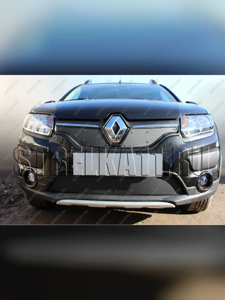 Зимняя заглушка решетки радиатора (верх) Стрелка11 Renault Logan 2 дорестайлинг (2014-2018) (черная)  в Керчи Республика Крым