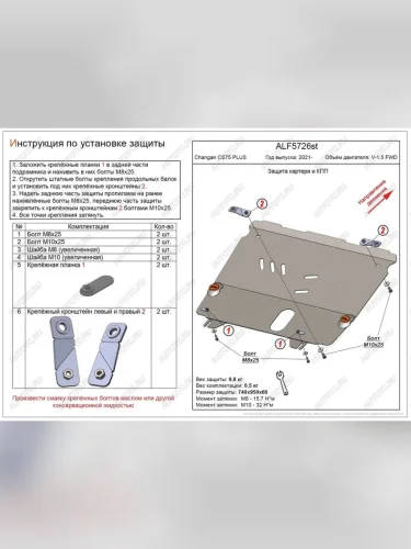  Защита картера и КПП (V-1,5 FWD) ALFECO (алюминий ) Changan CS75 Plus дорестайлинг (2022-2024)