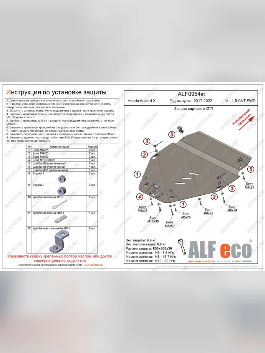 Защита картер, КПП (V-1,5; 2,0 FWD) ALFECO Honda Accord 10 CV (2019-2022) (сталь 2 мм)  в Керчи Республика Крым