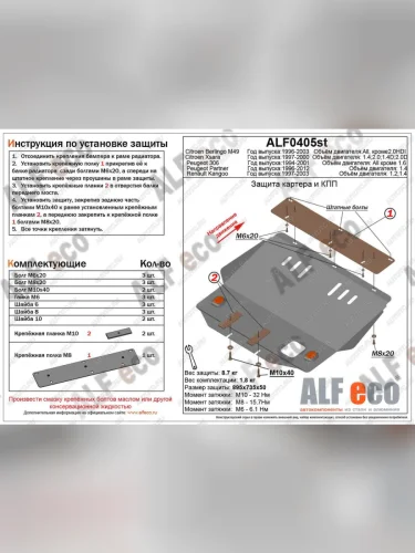 Защита картера и кпп (V-1.2, 1.4) ALFECO (алюминий 4 мм) Renault Kangoo KC 1- дорестайлинг (1997-2003)