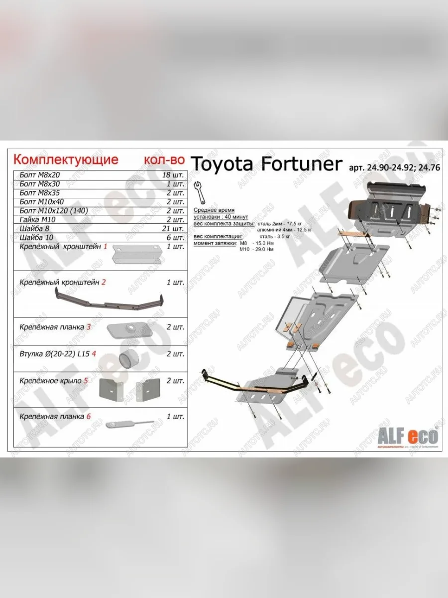 Защита радиатора, картера, редуктора переднего моста, кпп и рк (4 части) (V-2,7;2,8D) ALFECO Toyota Fortuner AN160 рестайлинг (2020-2025) (алюминий 4 мм)  в Перми Пермском крае