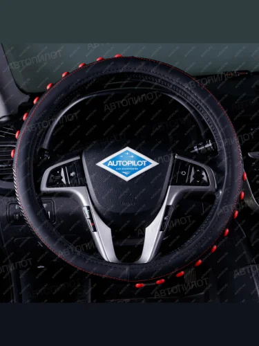 Оплётка на руль (37-39см BLW-011 кож/зам+карбон ) Автопилот Opel Astra H универсал рестайлинг (2007-2015) (черный/красный)