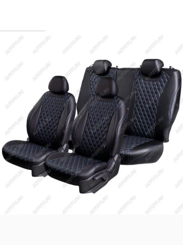 Комплект чехлов для сидений (РЗС 60/40 + подл., 3Г, экокожа) Lord Autofashion БАЙРОН  (Черный, вставка черная, строчка синяя) Chery Tiggo 7 Pro Max  T1E (2022-2025) дорестайлинг, рестайлинг