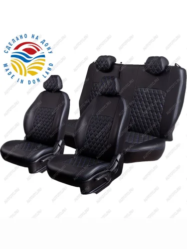 Комплект чехлов для сидений (РЗСиС 60/40, без зад.подголов, Экокожа Илана+Орегон), Lord Autofashion ТУРИН ст РОМБ (Черный, вставка черная, строчка синяя) Fiat Albea 170 седан (2002-2012)