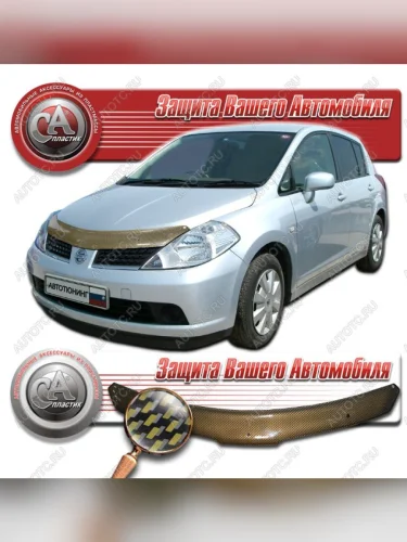 Дефлектор капота (правый руль) CA-Plastiс (серия Шелкография карбон золото) Nissan Tiida 1 C11 хэтчбэк дорестайлинг, Япония (2004-2007)
