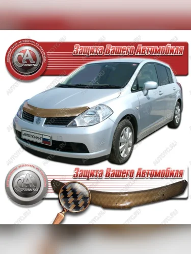 Дефлектор капота (правый руль) CA-Plastiс (серия Шелкография карбон медь) Nissan Tiida 1 C11 хэтчбэк дорестайлинг, Япония (2004-2007)