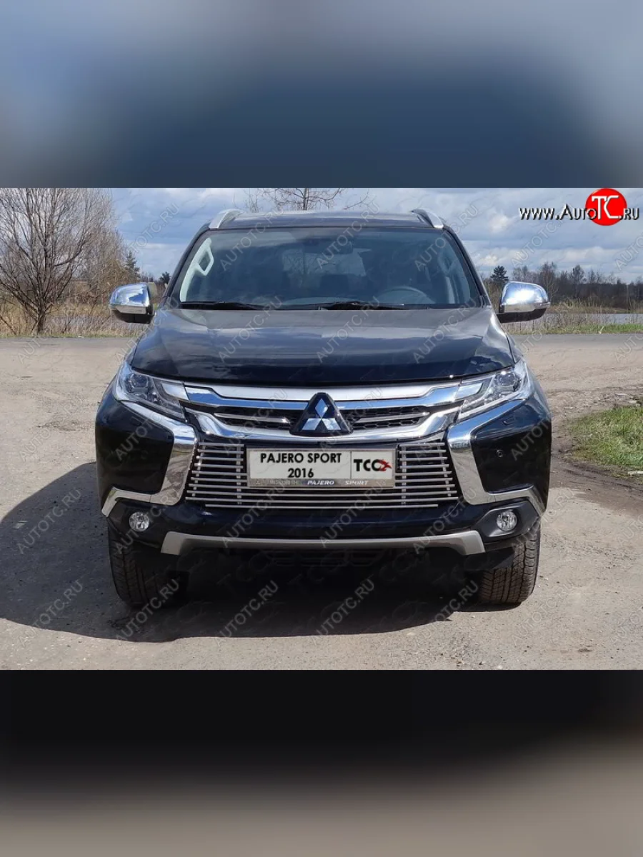 Декоративная вставка переднего бампера ТСС Тюнинг  Mitsubishi Pajero Sport (2015-2021) QE (d 12 мм)  с доставкой в г. Керчь