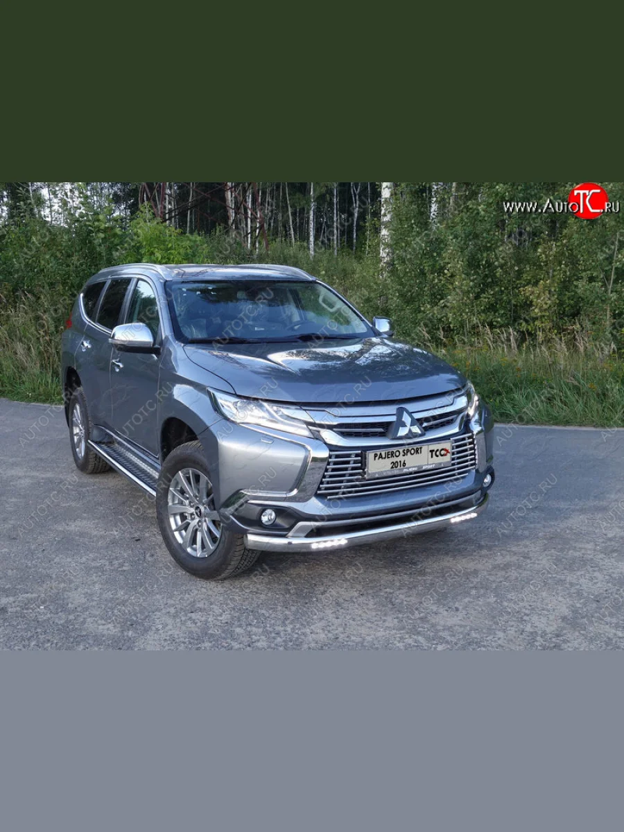 Декоративная вставка переднего бампера (для автомобиля без датчиков парковки) ТСС Тюнинг  Mitsubishi Pajero Sport (2015-2021) QE (d 16 мм)  в Самаре Самарской области