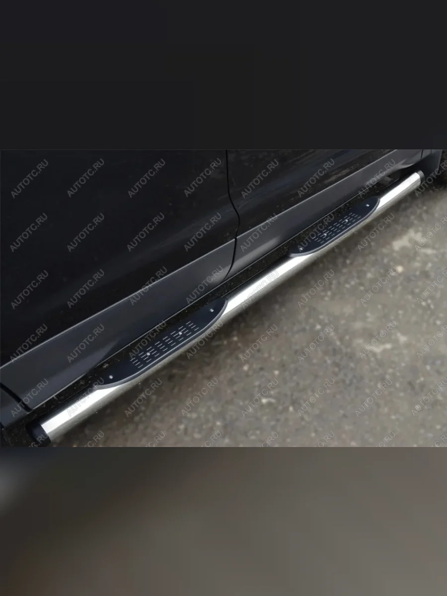 Пороги труба с накладкой (d76) SLITKOFF SSANGYONG Actyon рестайлинг (2013-2021) (нержавейка, на торцах пластиковые заглушки)  с доставкой в г. Керчь