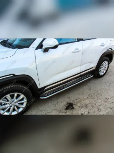 Защита порогов d57 с листом Slitkoff (нержавейка полированная) Skoda Kodiaq  1 NS7 (2017-2021) дорестайлинг