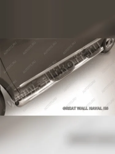 Защита порогов d76 с проступью со скосами 45 градусов завальцованные Slitkoff (Сталь с полимерным покрытием в цвет серебристые) Haval H6 (2013-2020)