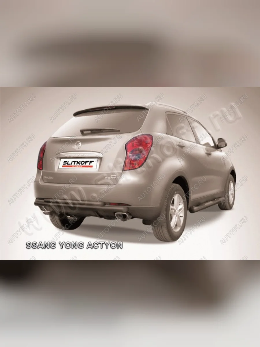 Защита заднего бампера d57+d42 двойная длинная Slitkoff SSANGYONG Actyon дорестайлинг (2010-2013) (нержавейка с полимерным покрытием в цвет черный)  с доставкой в г. Пермь