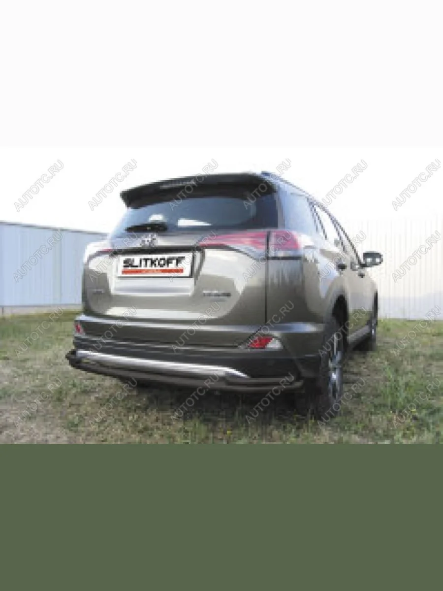 Защита заднего бампера d57+d42 двойная длинная Slitkoff Toyota RAV4 XA40 5 дв. рестайлинг (2015-2019) (нержавейка с полимерным покрытием в цвет черный)  в Перми Пермском крае