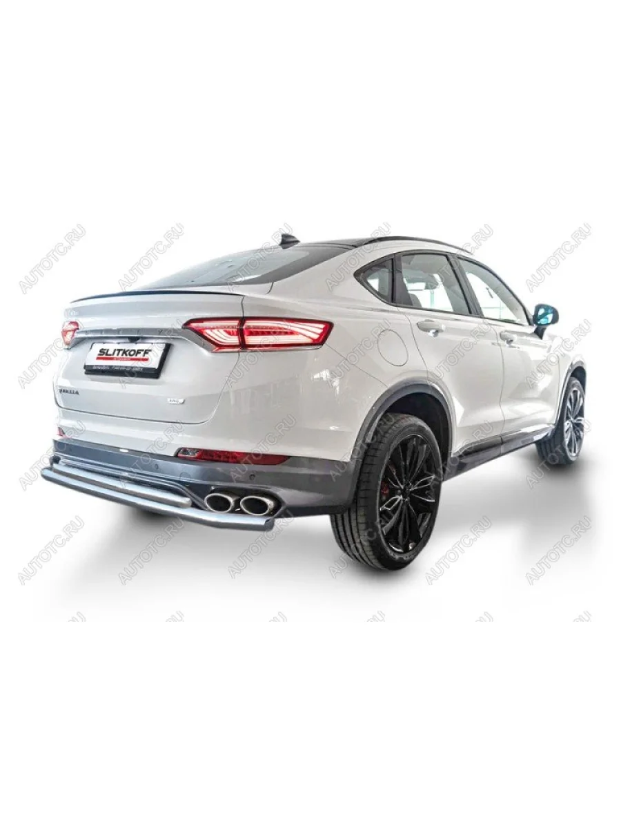 Защита заднего бампера d57+d57 двойная Slitkoff Geely Tugella FY11,HPBA4 рестайлинг (2022-2025) (Сталь с полимерным покрытием в цвет серебристый)  в Самаре Самарской области