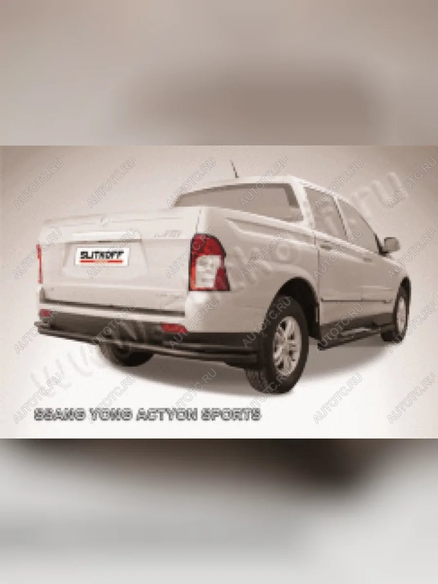 Защита заднего бампера d76+d42 двойная длинная Slitkoff  SSANGYONG Actyon Sport (2012-2025) (нержавейка с полимерным покрытием в цвет черный)  в Перми Пермском крае
