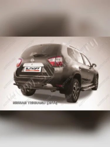 Защита заднего бампера d76+d42 двойная Slitkoff (нержавейка с полимерным покрытием в цвет черный) Nissan Terrano  D10 (2013-2022) дорестайлинг, рестайлинг