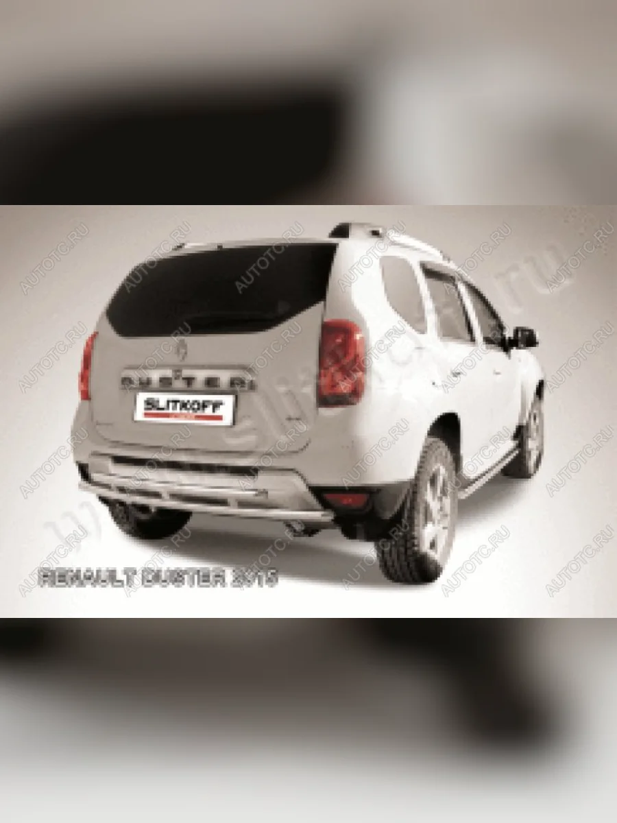 Защита заднего бампера d57+d42 двойная Slitkoff Renault Duster HS рестайлинг (2015-2021) (нержавейка полированная)  в Керчи Республика Крым
