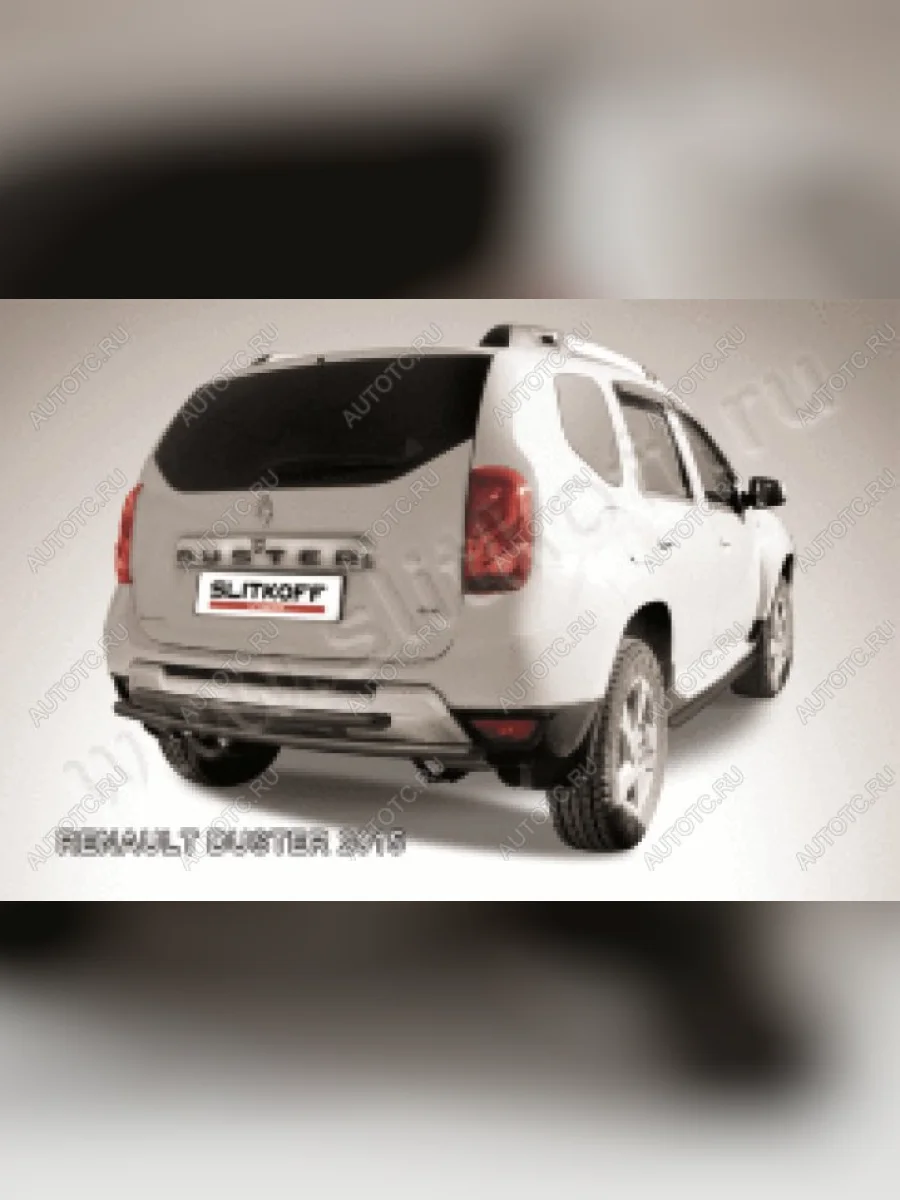 Защита заднего бампера d57+d42 двойная Slitkoff Renault Duster HS рестайлинг (2015-2021) (нержавейка с полимерным покрытием в цвет черный)  в Керчи Республика Крым