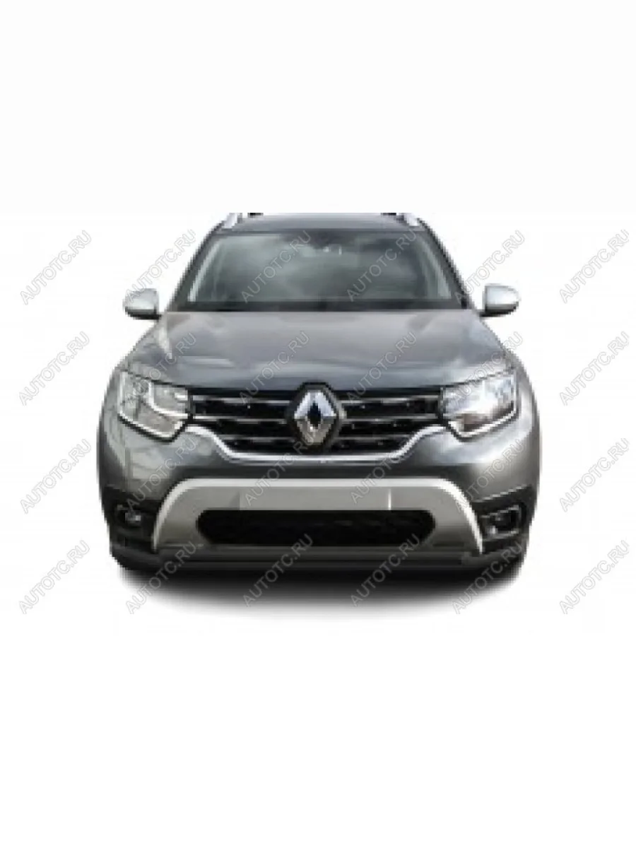 Защита переднего бампера d57+d42 двойная Slitkoff Renault Duster HM рестайлинг (2021-2024) (нержавейка с полимерным покрытием в цвет черный)  в Керчи Республика Крым