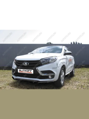 Защита переднего бампера d42+d42 двойная Slitkoff (нержавейка с полимерным покрытием в цвет черный) Лада ВАЗ XRAY (2016-2022)