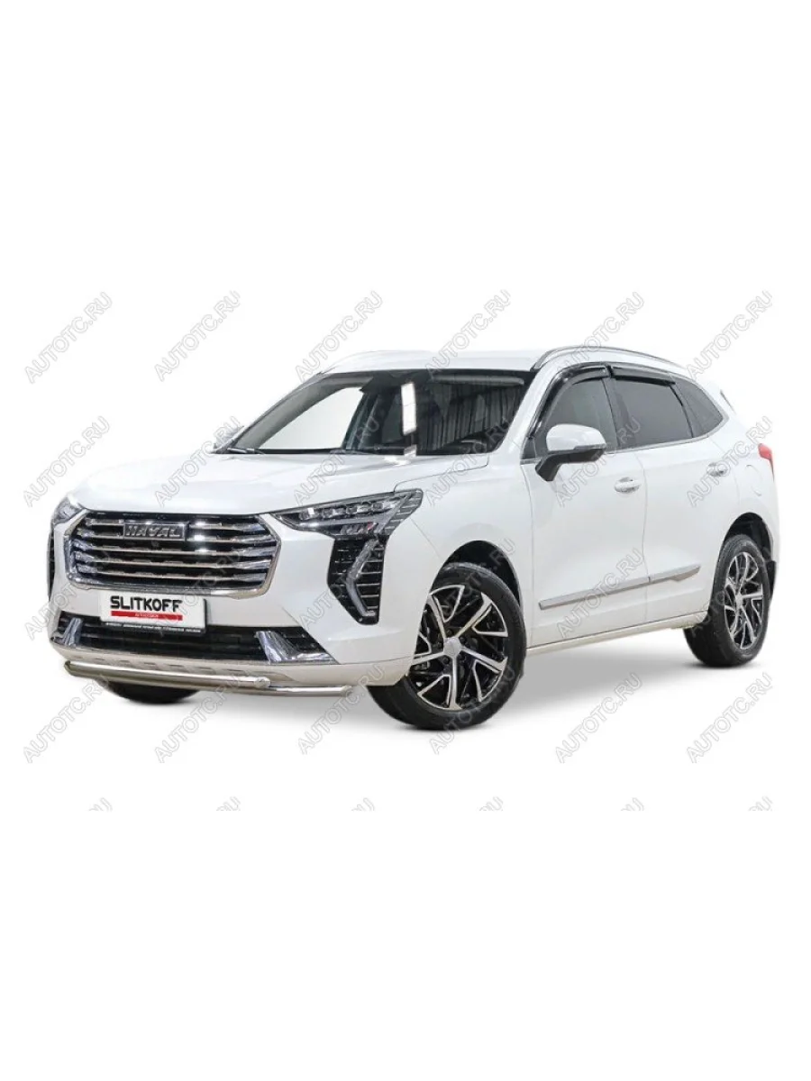 Защита переднего бампера d42+d42 двойная Slitkoff  Haval Jolion (2020-2024) (Сталь с полимерным покрытием в цвет серебристый)  с доставкой в г. Керчь