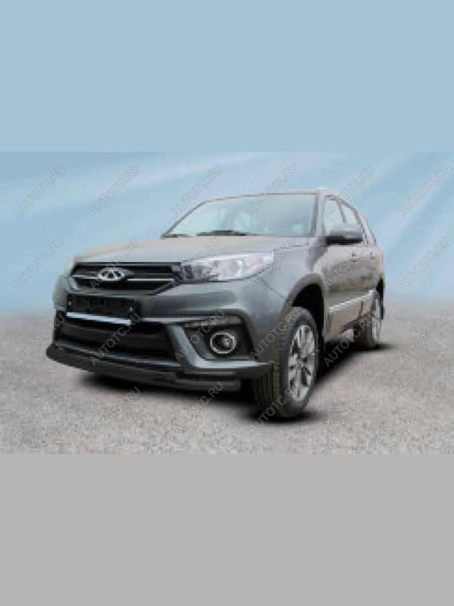 Защита переднего бампера d57+d42 двойная Slitkoff Chery Tiggo 3 (2014-2020) (нержавейка с полимерным покрытием в цвет черный)  в Керчи Республика Крым