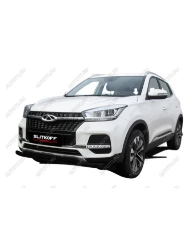 Защита переднего бампера d57+d42 двойная Slitkoff (нержавейка с полимерным покрытием в цвет черный) Chery Tiggo 4 (2018-2023) 1-ый рестайлинг