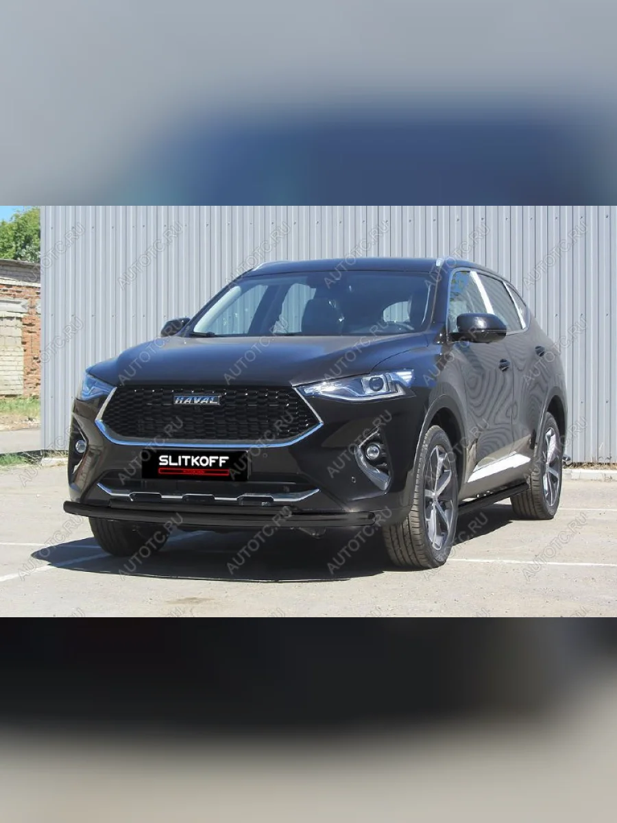 Защита переднего бампера d57 + d42 Slitkoff  Haval  F7, F7x (нержавейка с полимерным покрытием в цвет черный)  в Керчи Республика Крым