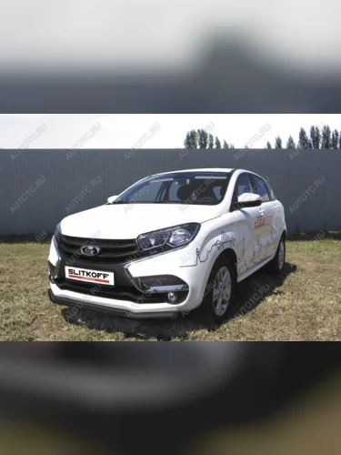 Защита переднего бампера d57+d42 двойная Slitkoff (нержавейка с полимерным покрытием в цвет черный) Лада ВАЗ XRAY (2016-2022)