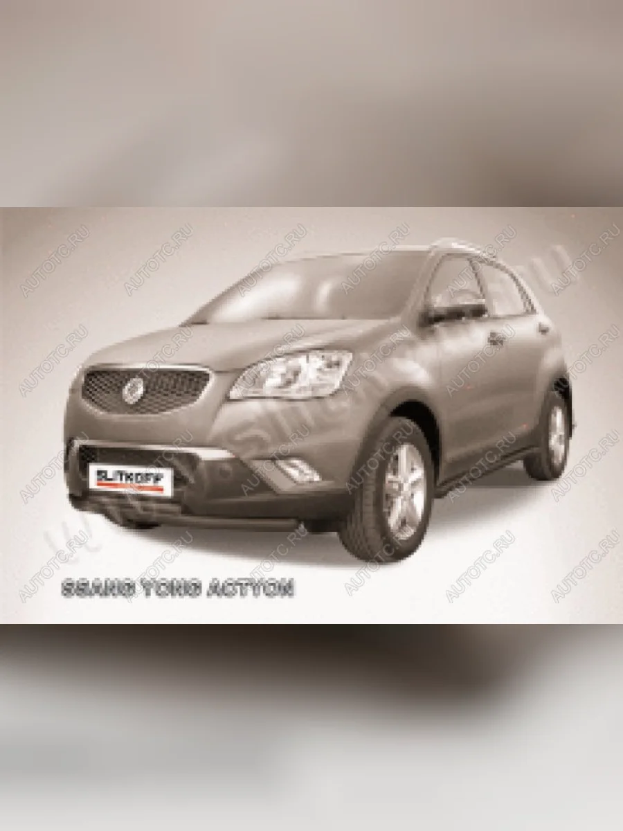Защита переднего бампера d57+d42 двойная Slitkoff SSANGYONG Actyon дорестайлинг (2010-2013) (нержавейка с полимерным покрытием в цвет черный)  с доставкой в г. Керчь