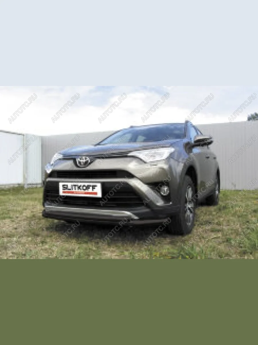 Защита переднего бампера d57+d42 двойная Slitkoff Toyota RAV4 XA40 5 дв. рестайлинг (2015-2019) (нержавейка с полимерным покрытием в цвет черный)  в Самаре Самарской области