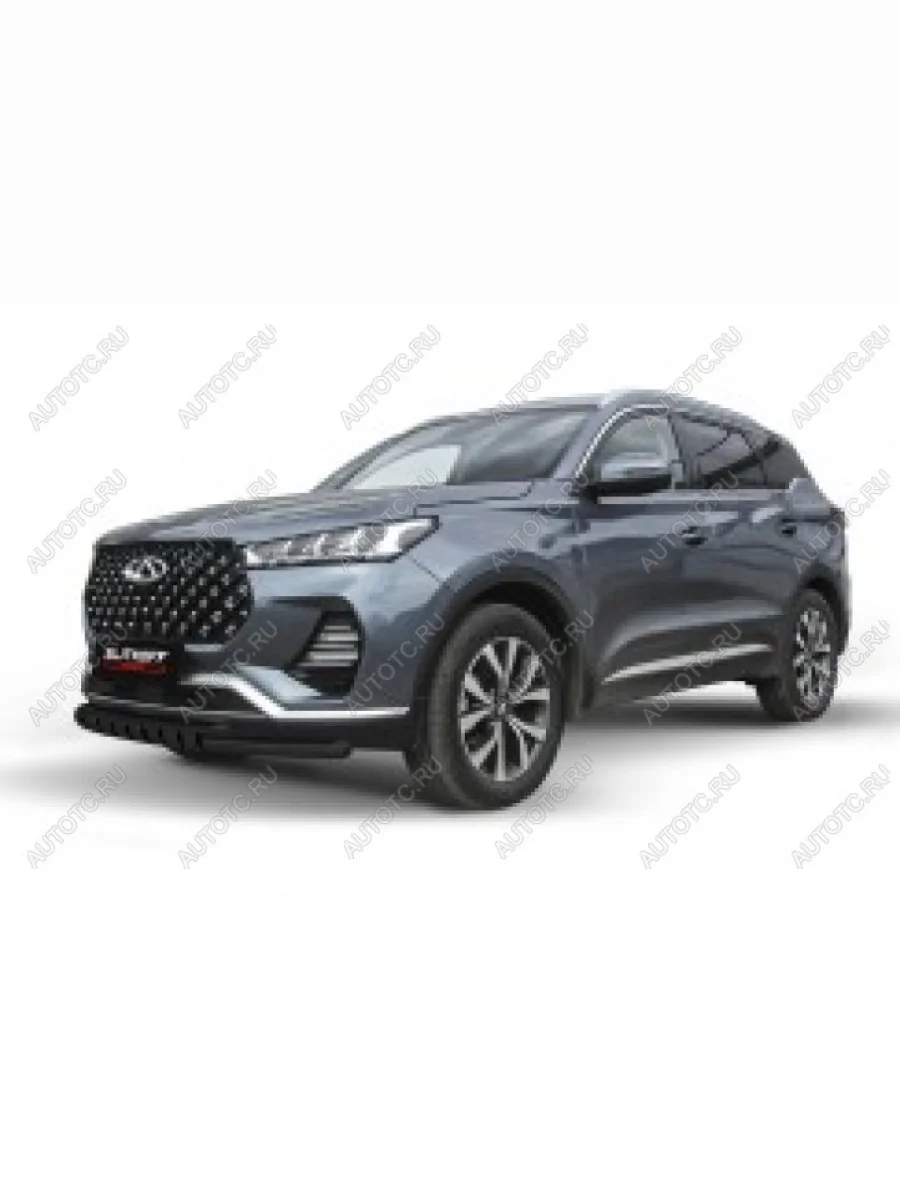 Защита переднего бампера d57+d42 двойная с декоративными элементами Slitkoff Chery Tiggo 7 PRO (2019-2025) (нержавейка с полимерным покрытием в цвет черный)  в Керчи Республика Крым
