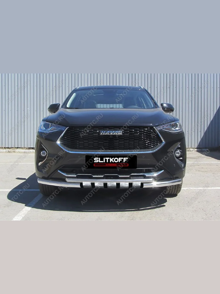 Защита переднего бампера d57+d42 двойная с декоративными элементами Slitkoff Haval F7x дорестайлинг (2019-2022) (нержавейка с полимерным покрытием в цвет черный)  в Керчи Республика Крым