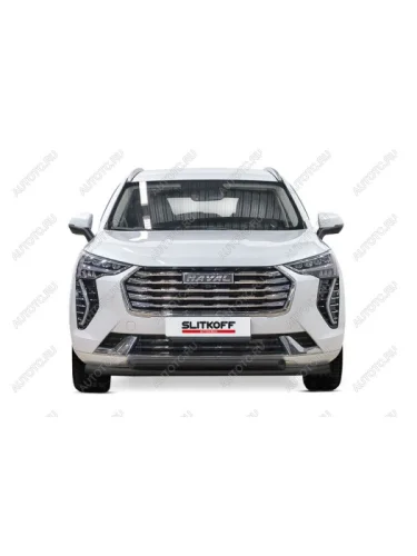 Защита переднего бампера d57+d57 двойная Slitkoff ( Сталь с полимерным покрытием в цвет черный) Haval Jolion (2020-2024) дорестайлинг