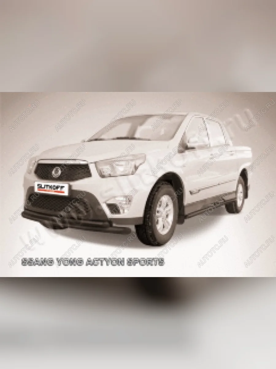 Защита переднего бампера d76+d57 двойная Slitkoff SSANGYONG Actyon Sport (2012-2025) (нержавейка с полимерным покрытием в цвет черный)  в Керчи Республика Крым