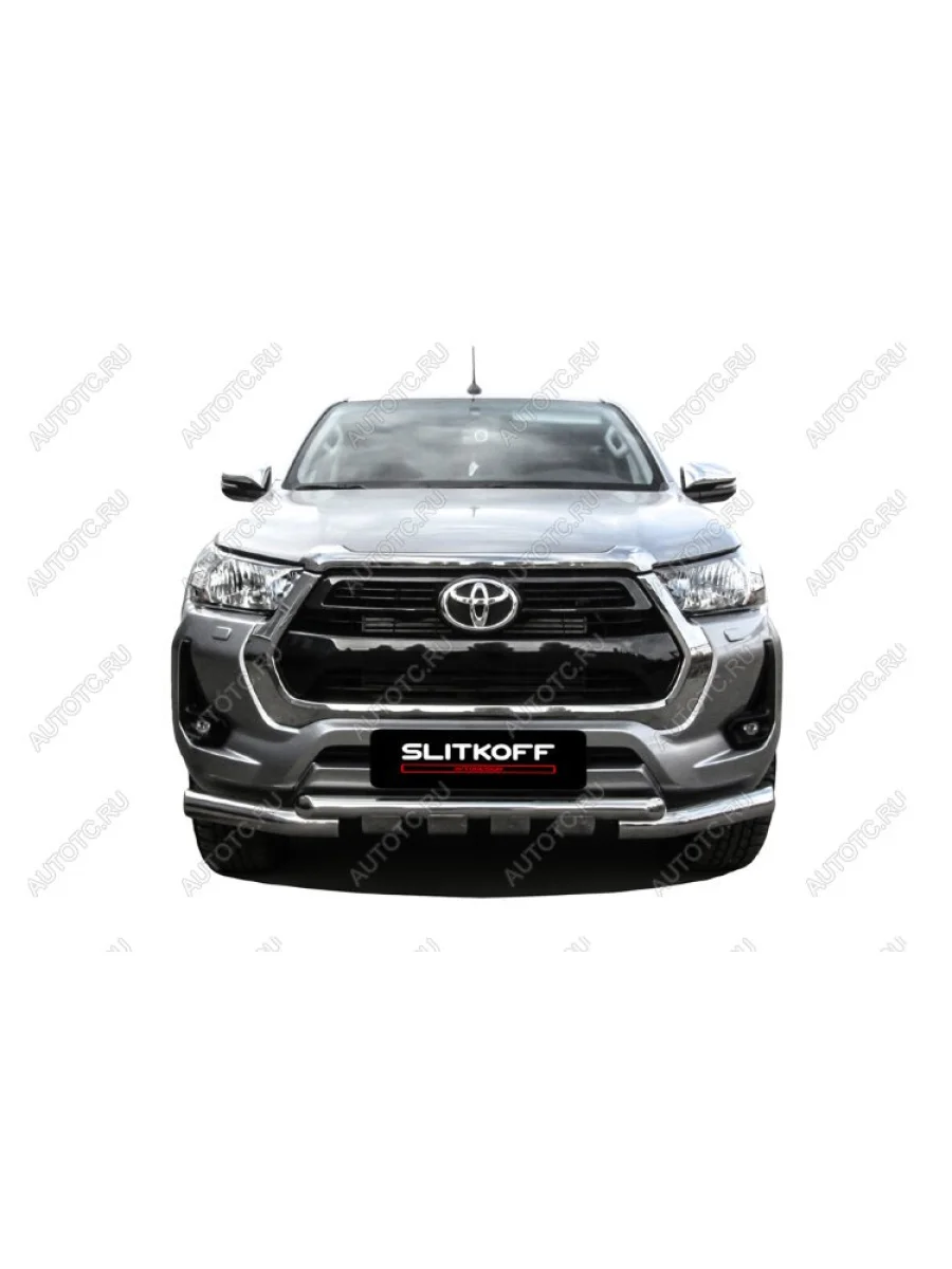 Защита переднего бампера d76+d57 двойная с профильной ЗК Slitkoff Toyota Highlander XU70 (2020-2025) (нержавейка с полимерным покрытием в цвет черный)  в Керчи Республика Крым