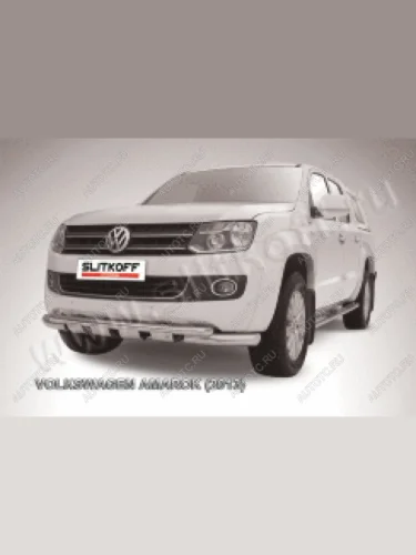 Защита переднего бампера d76+d57 двойная с профильной ЗК Slitkoff (нержавейка с полимерным покрытием в цвет черный) Volkswagen Amarok (2009-2016) дорестайлинг