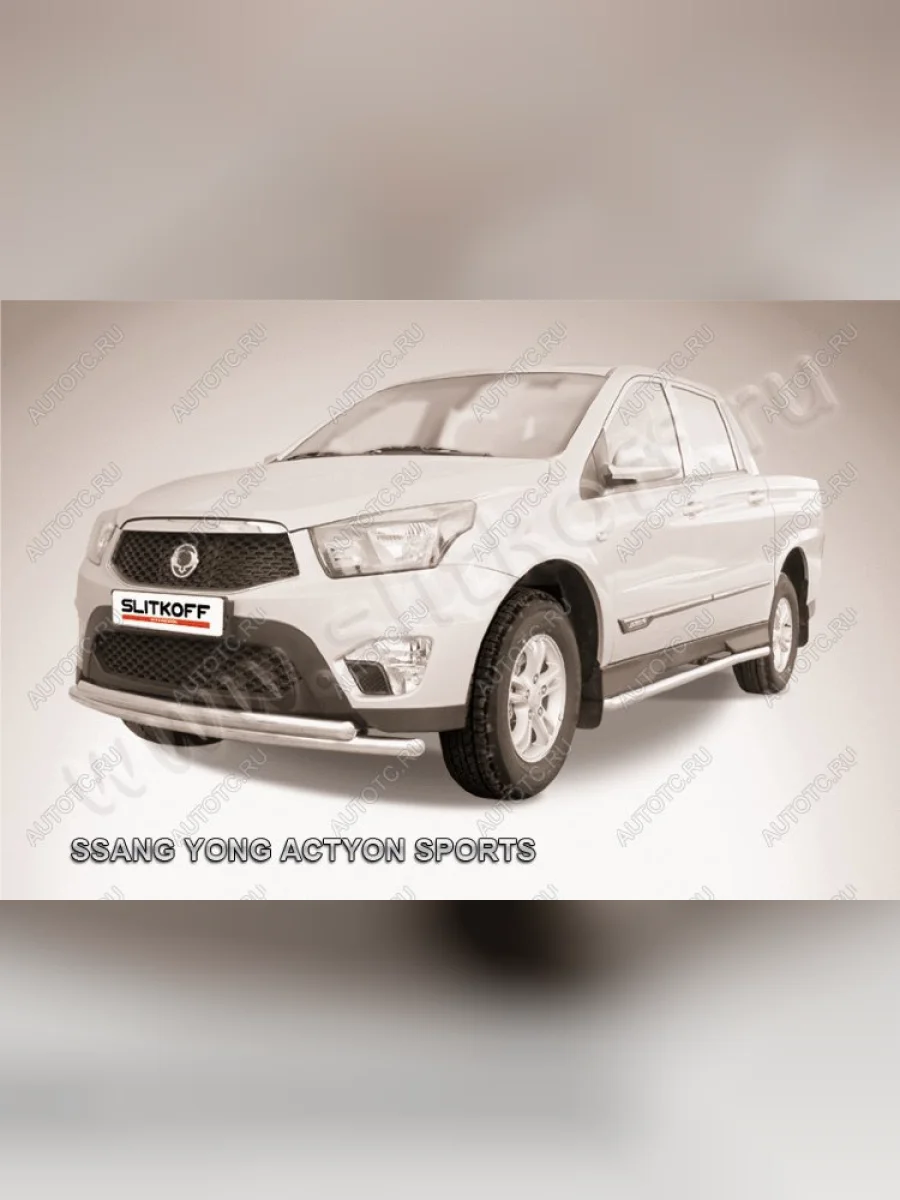 Защита переднего бампера d57+d57 двойная радиусная Slitkoff SSANGYONG Actyon Sport (2012-2025) (нержавейка полированная)  в Керчи Республика Крым
