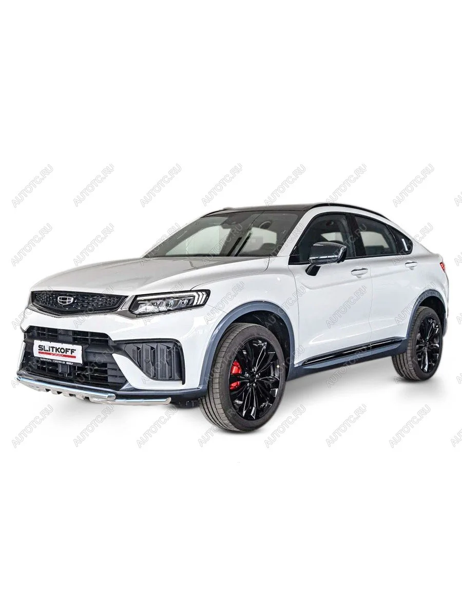 Защита переднего бампера d57+d57 двойная с декоративными элементами Slitkoff  Geely Tugella (2022-2025) FY11,HPBA4 (нержавейка полированная)  в Самаре Самарской области