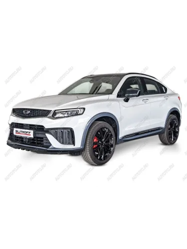 Защита переднего бампера d57+d57 двойная с декоративными элементами Slitkoff (нержавейка с полимерным покрытием в цвет черный) Geely Tugella  FY11,HPBA4 (2022-2025) рестайлинг